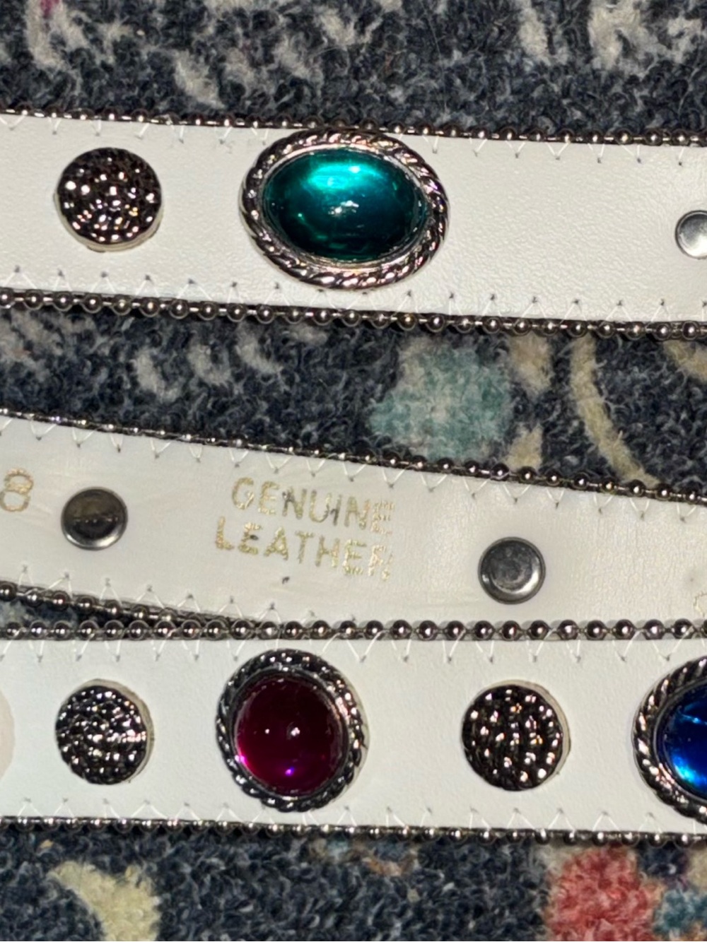 White Genuine Leather Embellished Belt with Multicolor Gemstones- Sz S